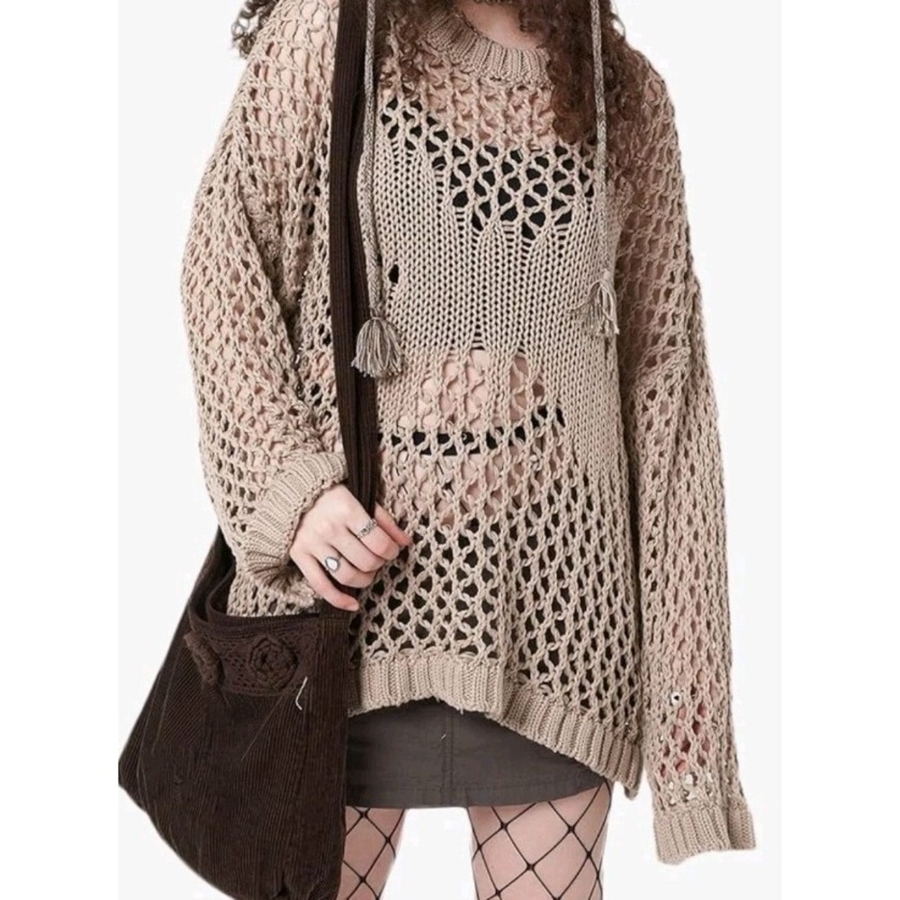 Minga London Womens M Oversized Crochet Knit Mesh Sweater Edgy Y2K Boho Festival